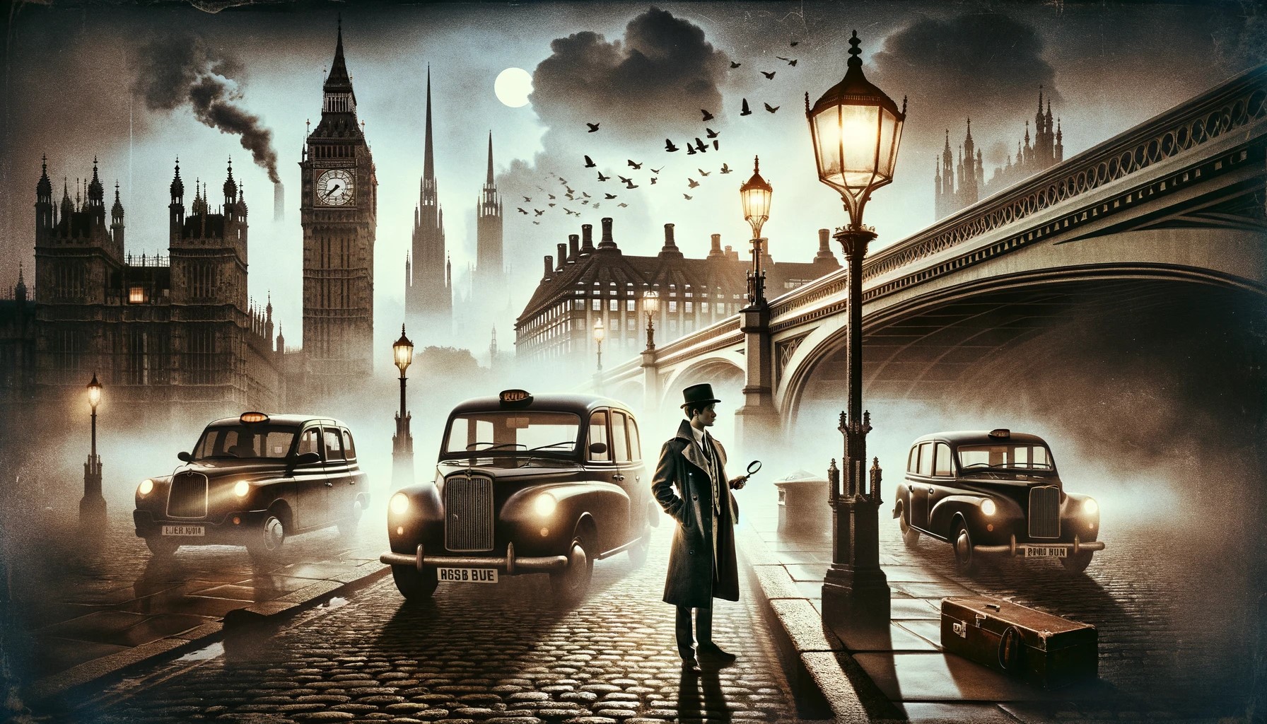 tage sepia-toned scene depicting a foggy evening in old London with the silhouette of a detective resembling Sherlock Holmes in the foreground, classic black cabs, and iconic landmarks like Big Ben under a full moon.