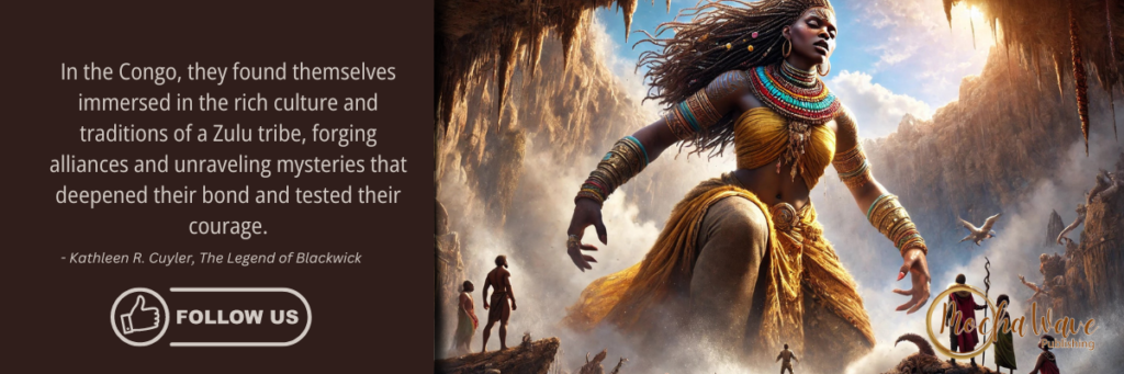 Illustration of a powerful Zulu woman, Foulata, growing as big as a mountain, with Betty and Edmond in the Congo, immersed in the rich culture and traditions of the Zulu tribe.