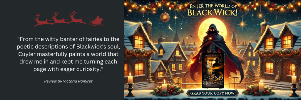 "A festive banner promoting The Legend of Blackwick featuring Blackwick, a shadowy figure in a flowing red cape with glowing eyes, standing on a snow-dusted rooftop with a glowing moon and Christmas lights in the background. A book cover and a glowing call-to-action read: 'Grab Your Copy Now.