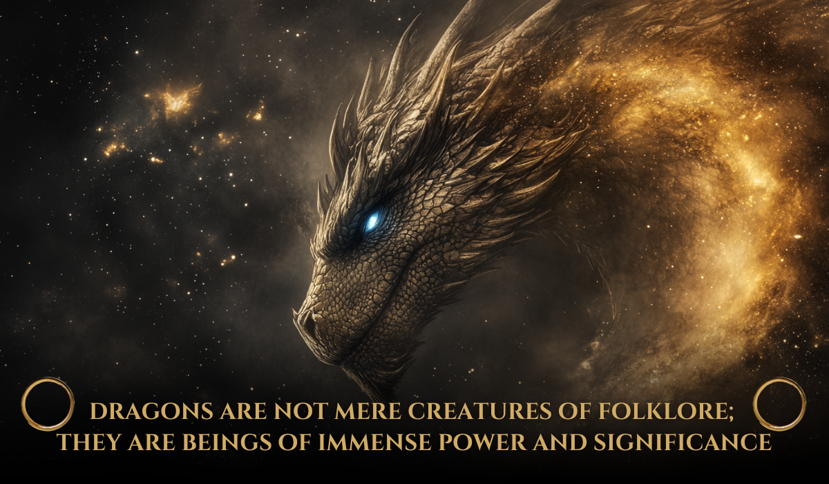 A celestial dragon with glowing blue eyes emerges from a cosmic backdrop, its golden scales blending into the swirling stardust of the universe. Text overlay reads: "Dragons are not mere creatures of folklore; they are beings of immense power and significance."