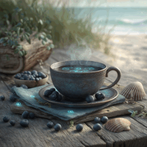 A fantasy-style setting with a steaming cup of blueberry coffee etched with glowing runes. The cup sits on a driftwood table by the ocean, surrounded by scattered blueberries, seashells, and glowing symbols woven into the cloth.