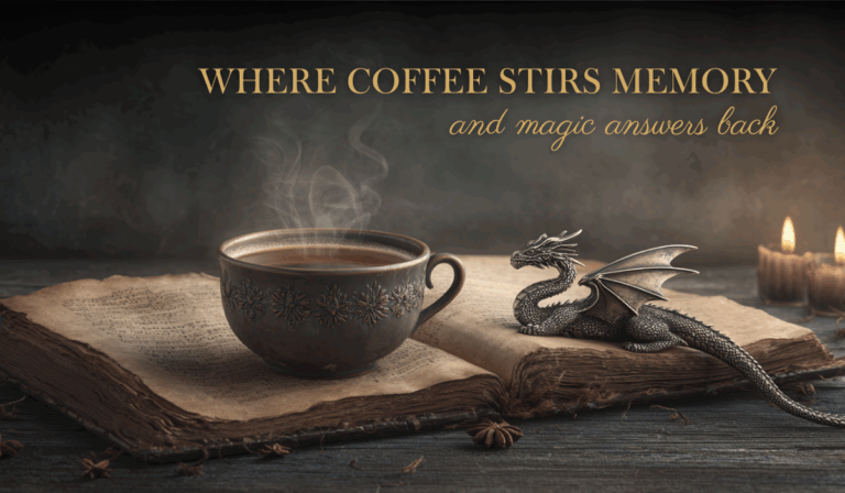 A cinematic fantasy flat lay featuring an open aged book, a steaming ornate coffee cup, and a silver dragon figurine resting on the pages. The background is moody and high contrast, with shadows and soft texture. The tagline reads: “Where coffee stirs memory and magic answers back.”