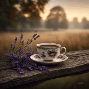 A delicate porcelain teacup of lavender vanilla coffee rests on a rustic bench beside fresh lavender sprigs. Behind it, a misty meadow bathed in soft morning light creates a wistful and dreamlike atmosphere.