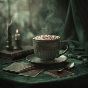 A dark and cozy vignette featuring a steaming peppermint mocha in a carved green mug, with swirled red-and-white foam. Surrounded by tarot cards, melted candles, and velvet cloth, the scene glows with moody enchantment.