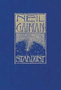 Minimalist blue cover of Stardust by Neil Gaiman, with golden textured lettering and starlight motifs.