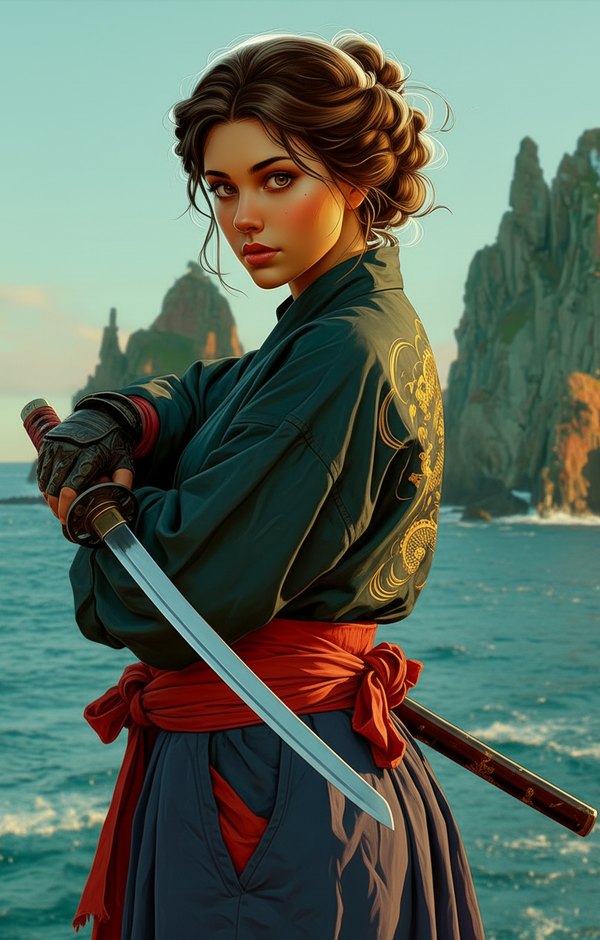 Betty Talbin from the Blackwick Series by Kathleen R. Cuyler, holding a sword by the sea