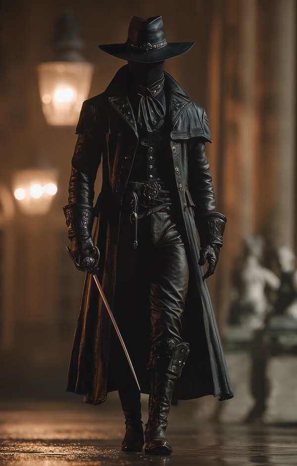 Edmond as Blackwick, in a long coat and wide-brimmed hat, from the Blackwick Series by Kathleen R. Cuyler