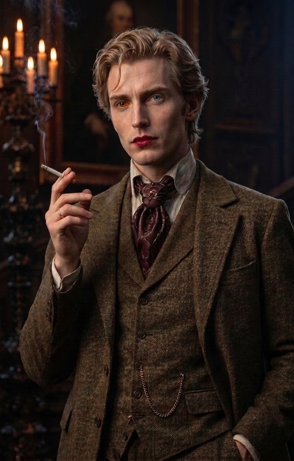Vlad Tepov from the Blackwick Series by Kathleen R. Cuyler, in a tweed suit by candlelight